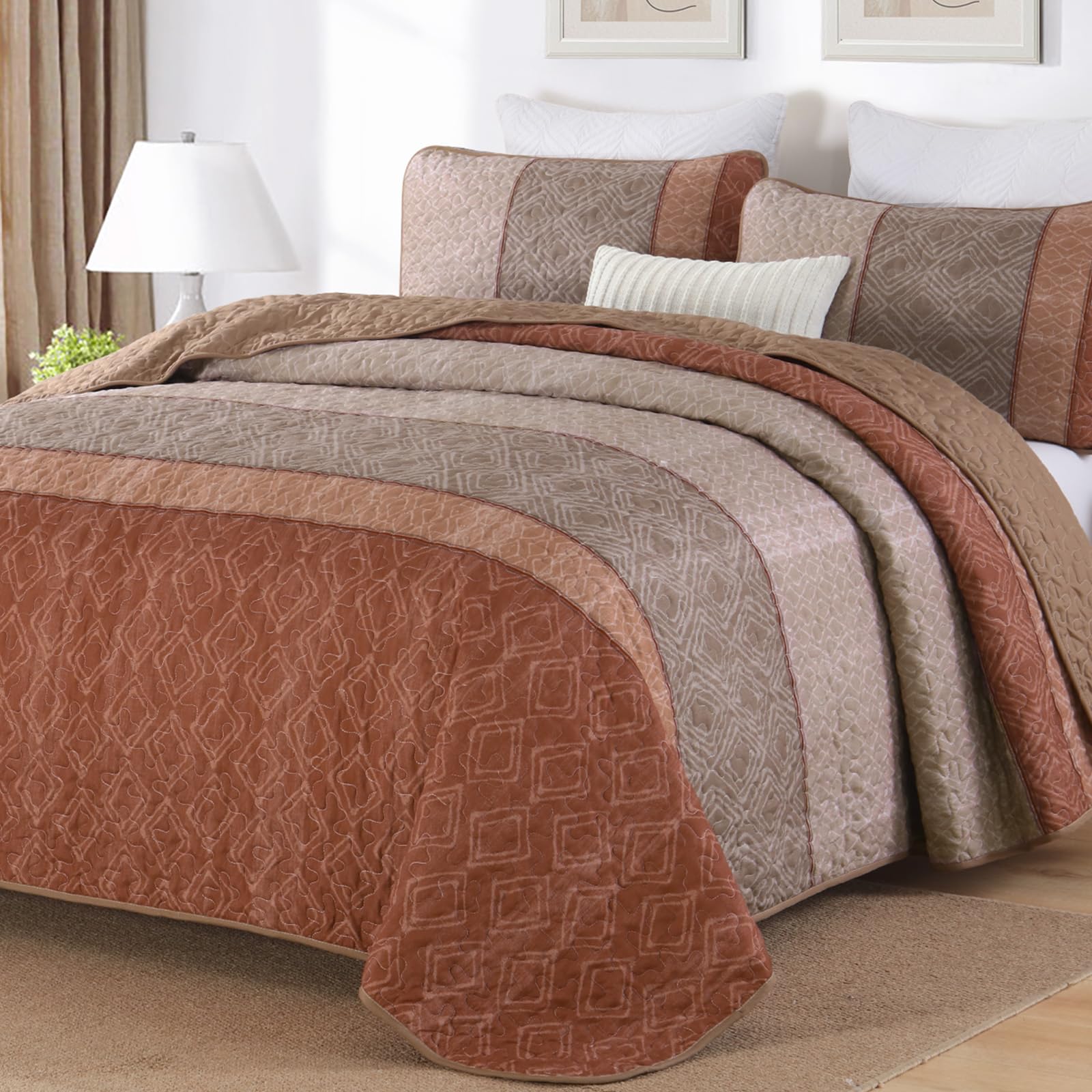 Photo 1 of Boho Quilt Set King Size 3 Pieces,Red Orange Striped Bedspread,Bohemian Farmhouse Coverlet Set Soft Microfiber Bedding Set for All Season 110"x90"