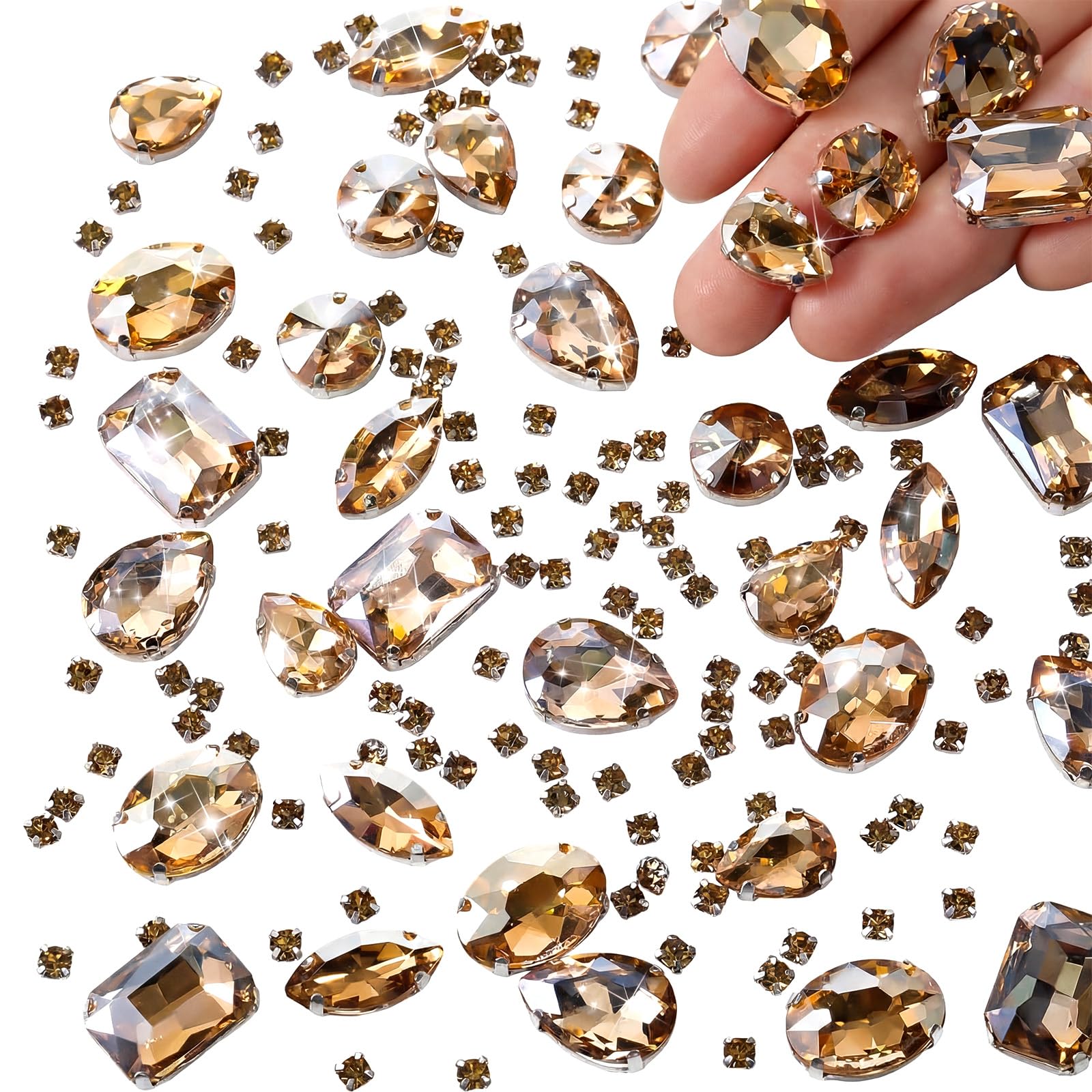 156 Pieces Sew on Rhinestones Claw Flatback Crystal Rhinestones Metal Prong Setting Rhinestones Acrylic Glass Sewing Gems for Clothes DIY Craft Shoes Dress Jewelry Making (Golden Champagne)