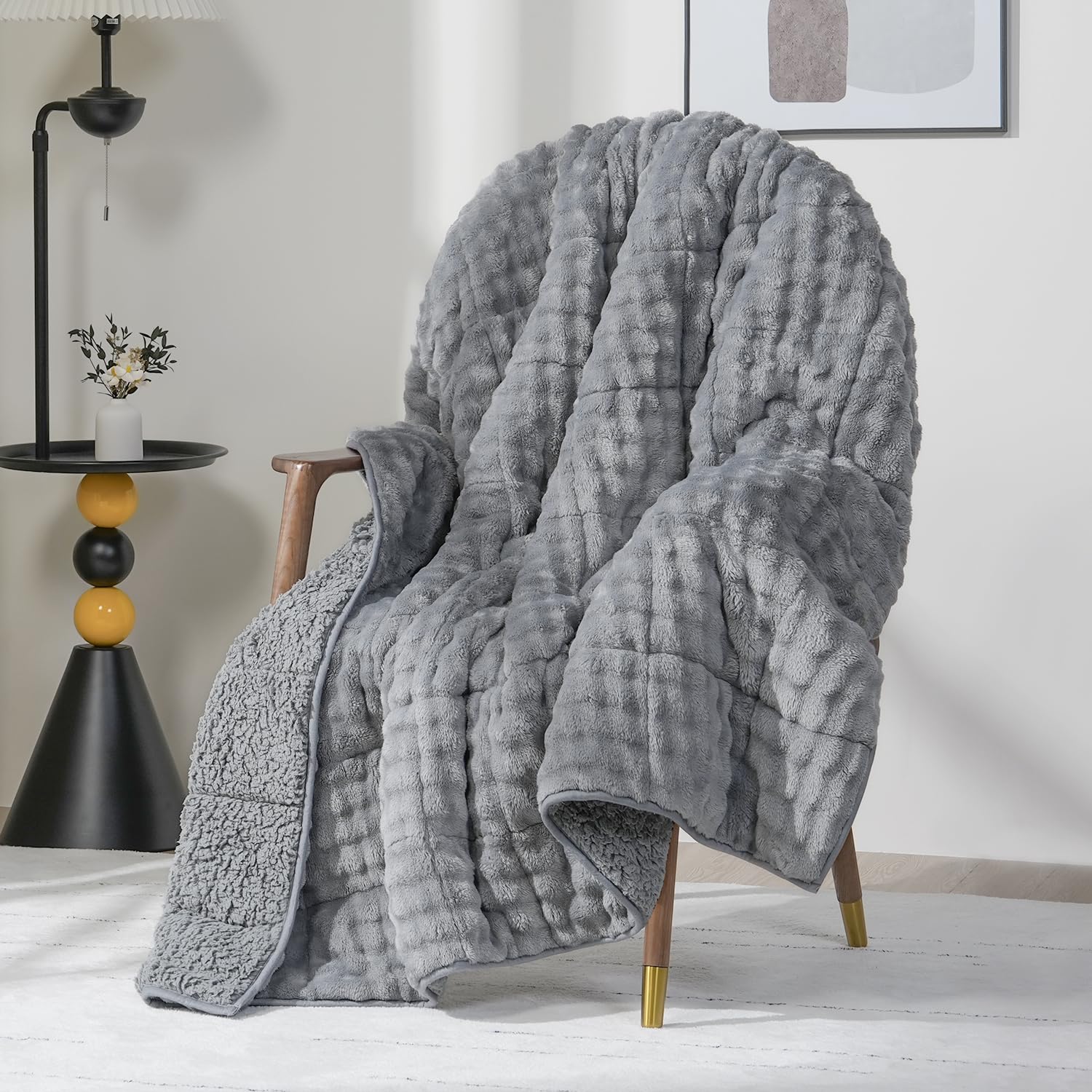 Photo 1 of Bubble Fleece Weighted Blanket 17lbs for Queen Ded - Ultra Soft, Cozy Comfort Sherpa Faux Fur Heavy Bed Blankets with Cemaric Beads, 60x80 Inches, Grey