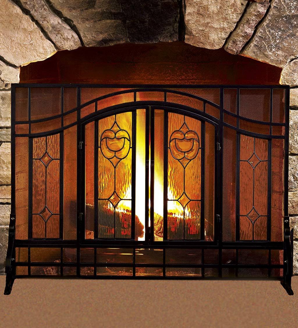 Large Beveled Glass Diamond Fireplace Screen with Alternating Panels and Small Powder-Coated Tubular Steel Frame 44 W x 33 H Black Finish