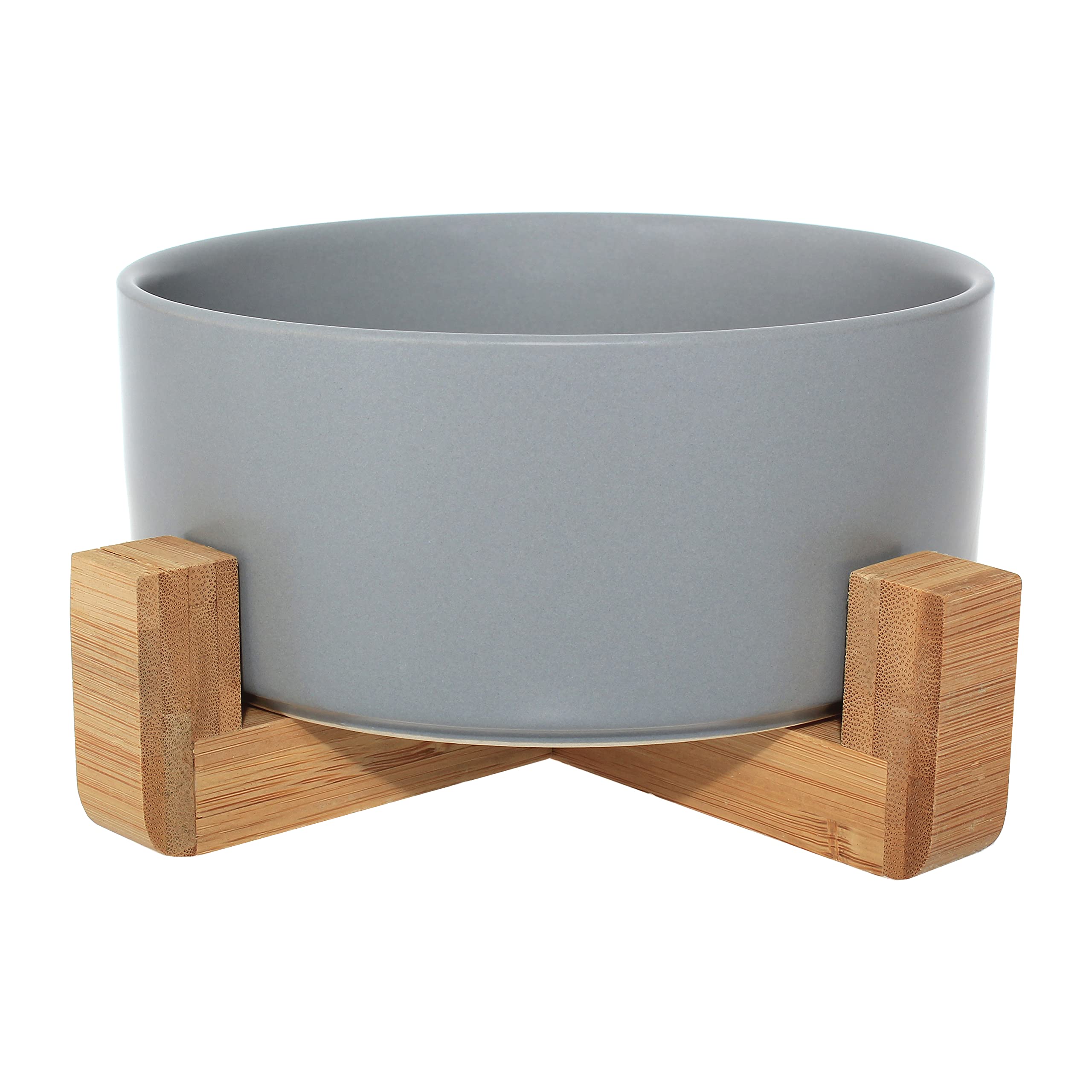Ceramic Bowl with Bamboo Stand for Dogs & Cats, Raised Bowl for a Comfortable Position Whilst Eating & Drinking, Options, 850ml Capacity (Grey) — image 1