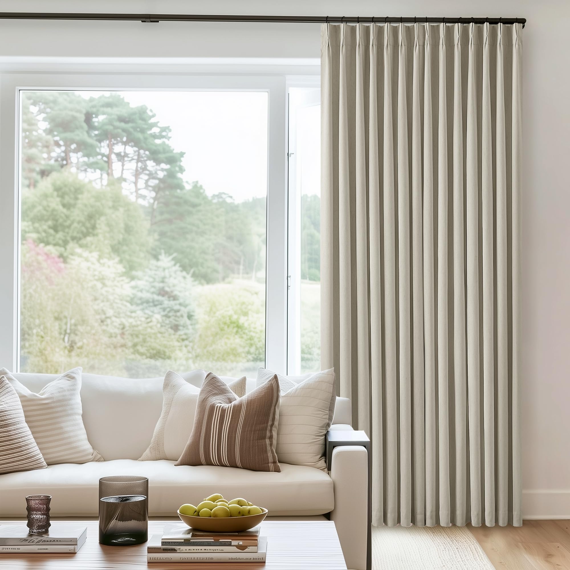 Photo 1 of Beige Pleated Linen Blackout Curtains 102 Inches Long for Bedroom Living Room Pinch Pleat Black Out Thermal Insulated Ring Hooks Room Darkening Drapes Oatmeal Light Tan Curtains with Liner 40x102