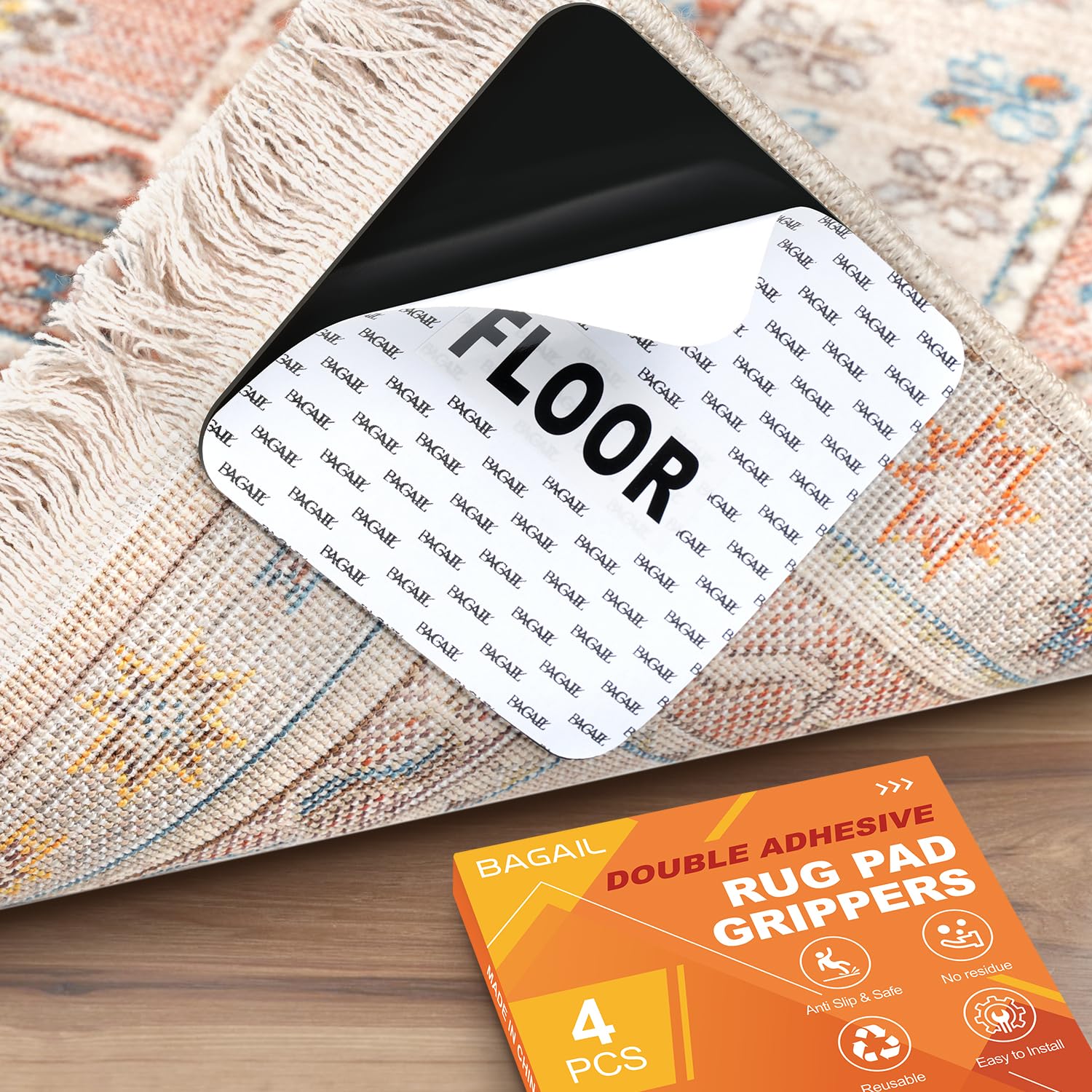 Photo 1 of BAGAIL 4 Pcs Rug Gripper Pad, Non Slip Rug Corner Grippers for Hardwood Floors, Strong Adhesive Flexible Carpet Tape, Reusable Under Rug Stickers to Keep Rugs in Place