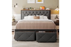 Einhomn Queen Bed Frame with 2 Storage Drawers, Metal Platform Bed with Charging Station, Upholstered Button Tufted Storage Headboard, No Box Spring Needed, Easy Assembly, Noise-Free, Grey