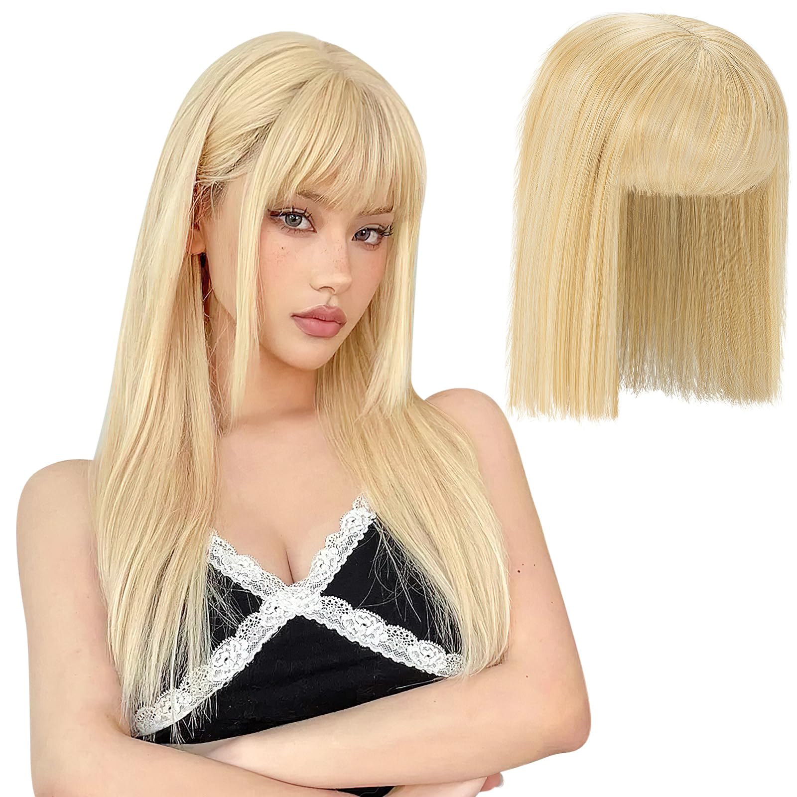 Hair Toppers for Thinning Hair - Clip-in Extensions, Top Pieces With Bangs, Two-Piece French Fringe Hairpiece, Forehead Topper for Girls and Women, Blond
