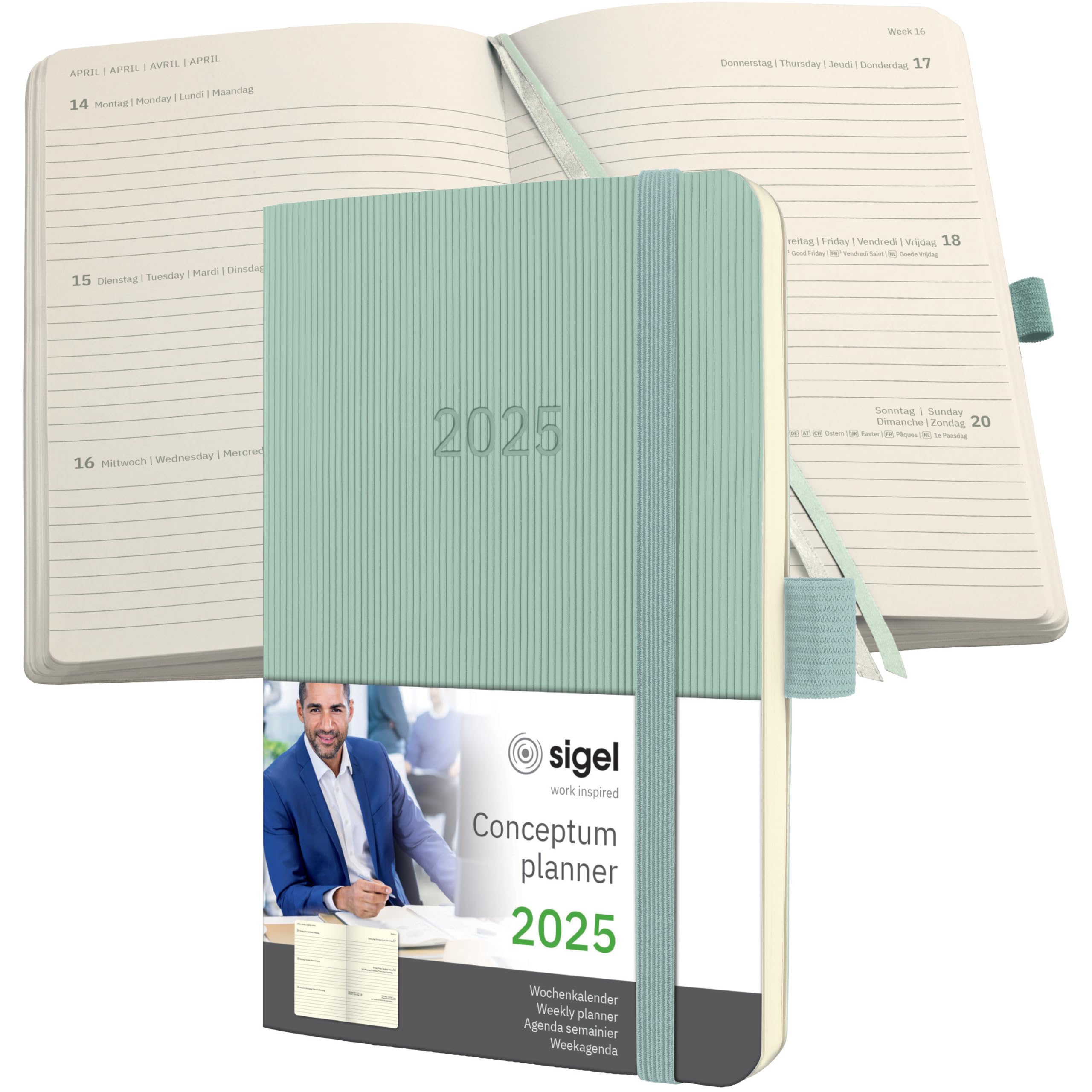 SIGEL C2539 Conceptum Weekly Planner 2025, Approx. A6, Green, softcover, 2 Pages = 1 Week, 176 Pages