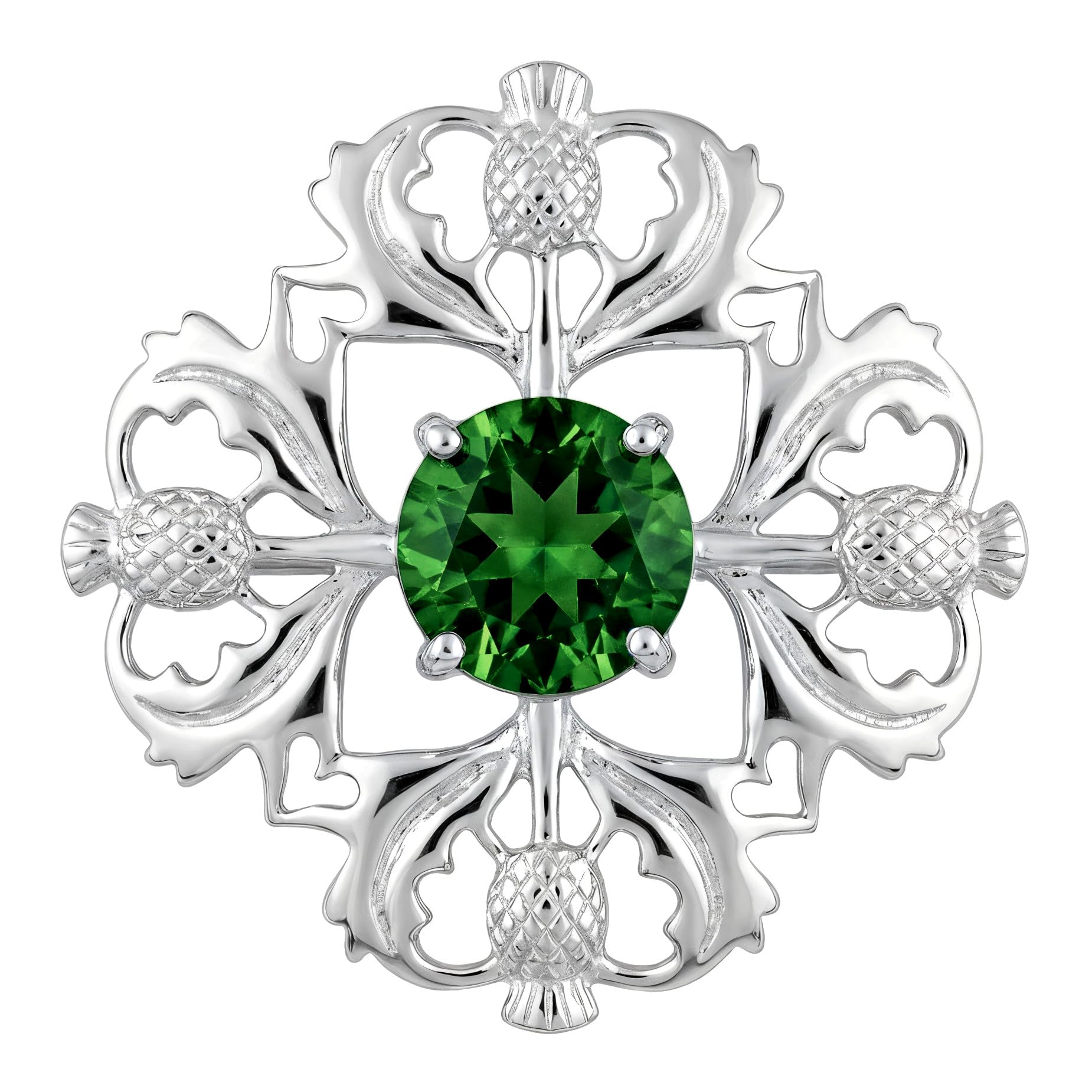 Alexander Castle Women's 925 Sterling Silver Scottish Thistle Brooch Pin with Emerald CZ Stone - with Jewellery Gift Box - Scottish Gift for Women