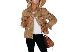 luvamia Jean Jacket Women Trendy Texture Distressed Button Down Long Sleeves Casual Trucker Denim Jackets with Pockets