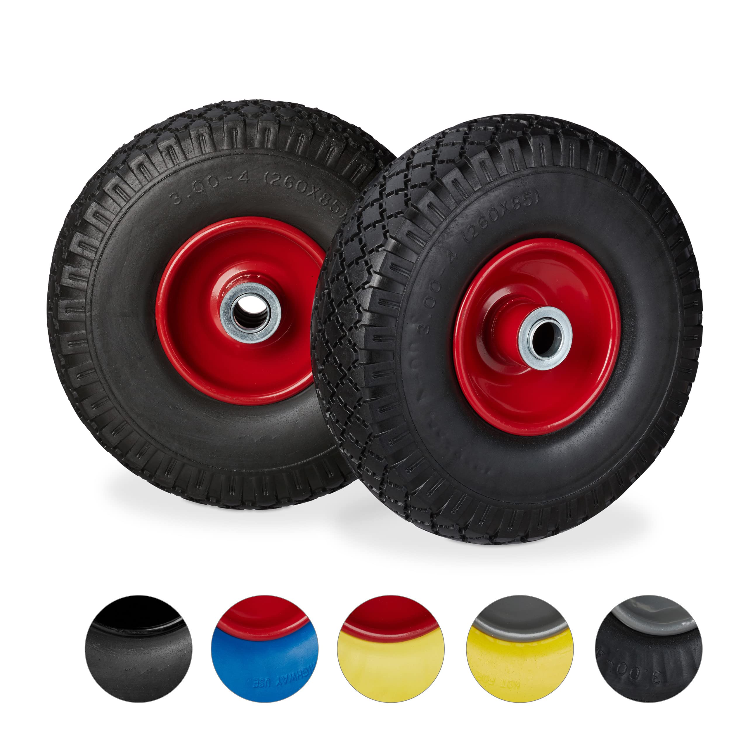 Relaxdays 2 x Hand Truck Tyre, Non-Flat Solid Rubber Wheels, 3.00-4”, 20mm Axle, 100 kg, 260 x 85 mm, Black-Red