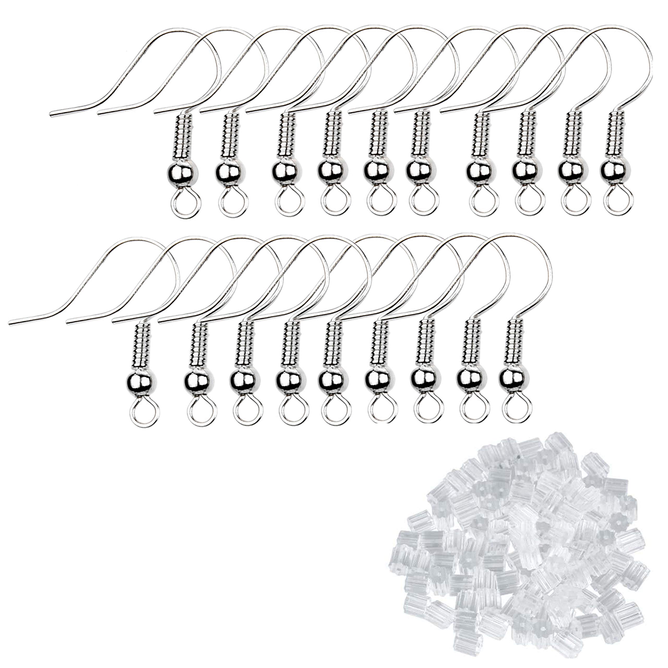 Eco-Fused 200 pcs Silver Earring Hooks and 500 pcs Transparent Earring Backs - Nickel-Free Ear Wires (18mm) - Plastic Stopper Replacement Safety Back (2.5mm x 3mm) -for Jewelry Making, DIY Earrings