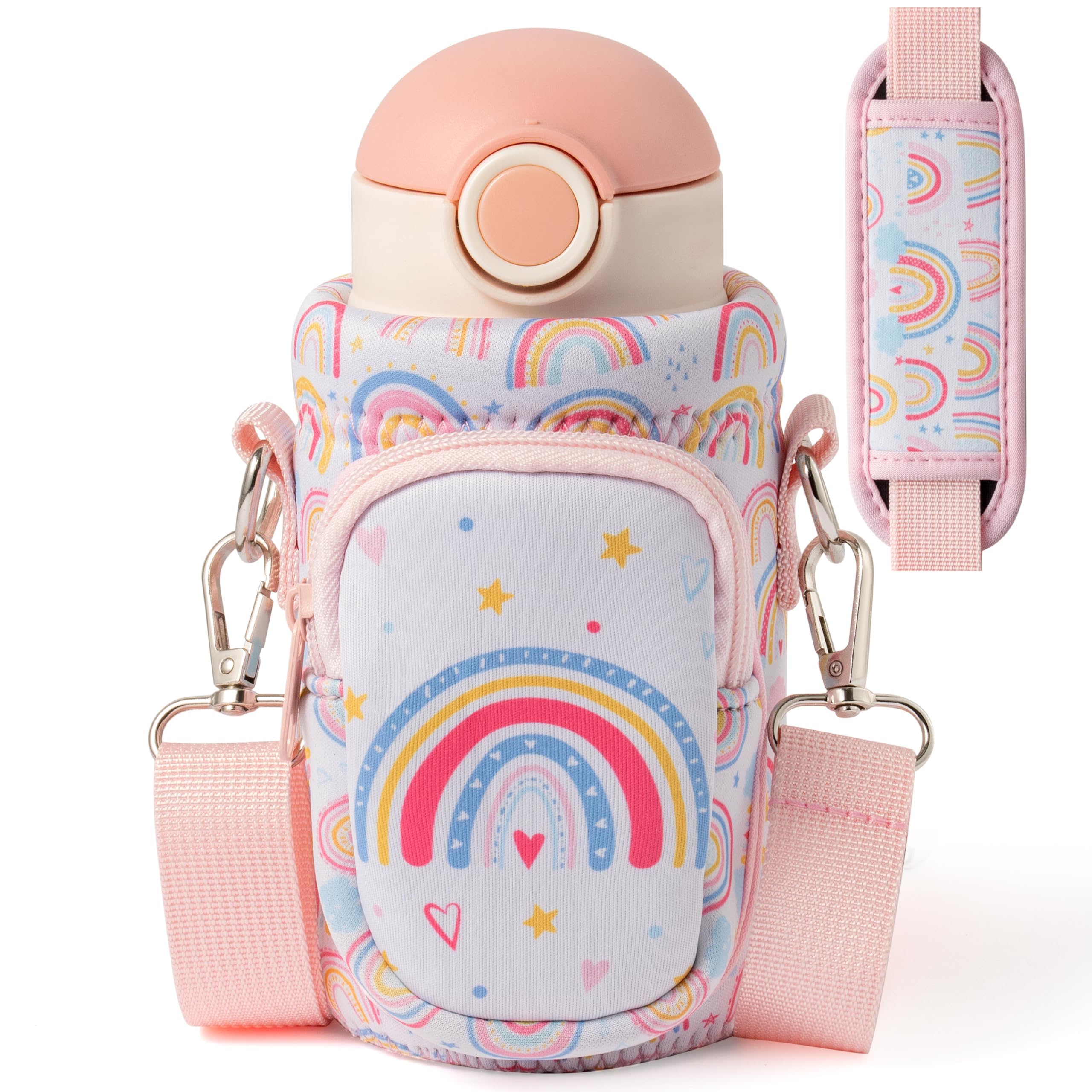 Photo 1 of 2ooya Water Bottle Carrier Bag with Padded Strap - Rainbow Holder with Pocket 10/12/14/16/18Oz Neoprene Insulated Bag for Walking Hiking Camping