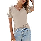 Arach&Cloz Women's 2025 Summer Short Puff Sleeve Shirts V Neck Cute Blouses Dressy Casual Trendy Sweater Tops