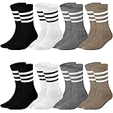 Eurzom 8 Pairs Striped Socks Men Retro Striped Cotton Cushion Fuzzy Bottom Athletic Crew Socks for Sports, Men Size 7-12