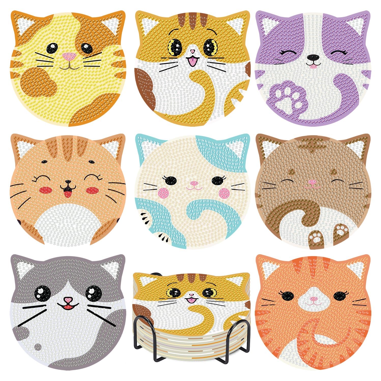 Photo 1 of 8 Pcs Cat Diamond Painting Coasters Kit with Holder, DIY Diamond Part Kits for Home Décor & Drink Coaster, Small Diamond Art and Craft Kits with Cork Cushion