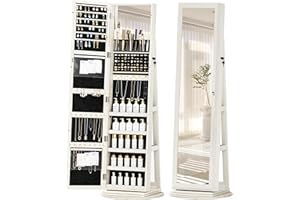 WTFGO Jewelry Armoire Cabinet Standing, Jewelry Armoire with Full-Length Mirror, 360° Swivel Jewelry Organizer Storage for Women Girl, White