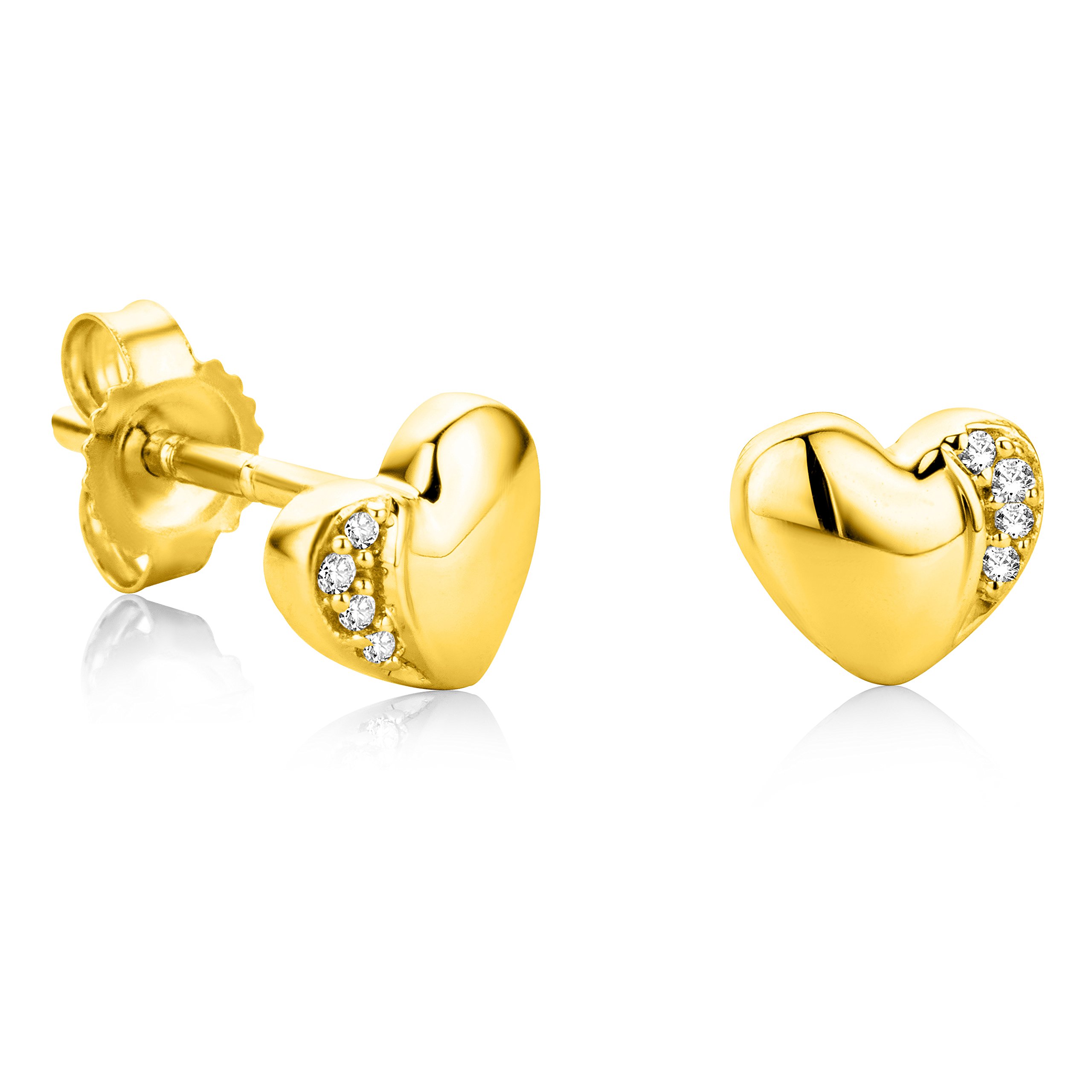 Orovi Heart Yellow Gold Earrings for Women with Diamonds in 18 Carat Gold, Hypoallergenic Earrings - Handmade studs with jewellery box