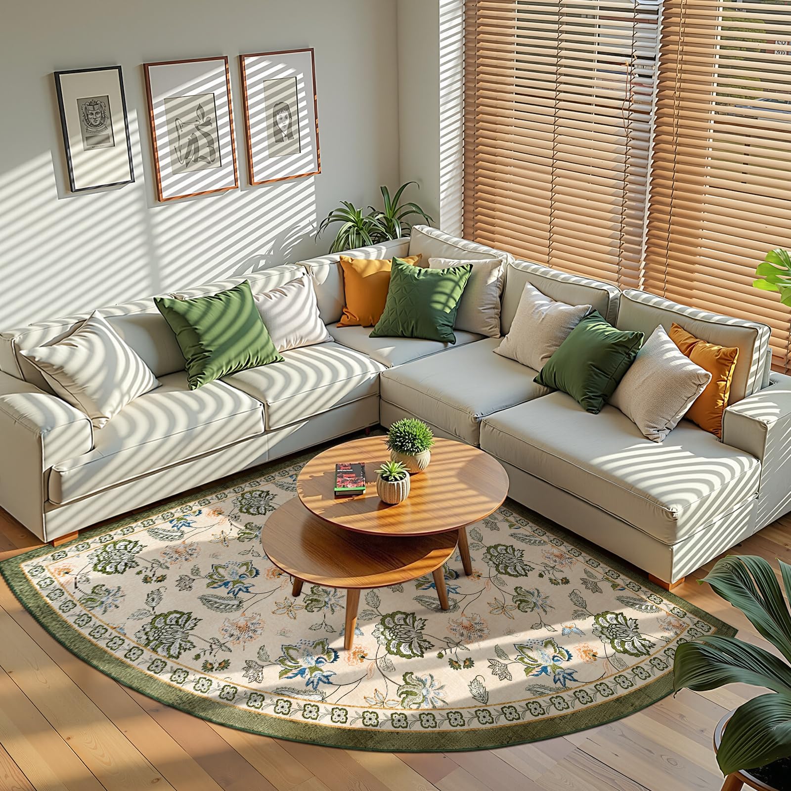 Photo 1 of jinchan Floral Corner Rug for Kitchen Washable Nursery Rug Vintage Romance Design Non Slip Quarter Circle Lightweight Low-Pile Throw Carpet for Playroom Reading Nook Office, 5ft Radius, Green/Beige