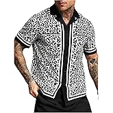 SHENHE Men's Button Down Short Sleeve Leopard Print Shirt Lapel Collar Casual Top