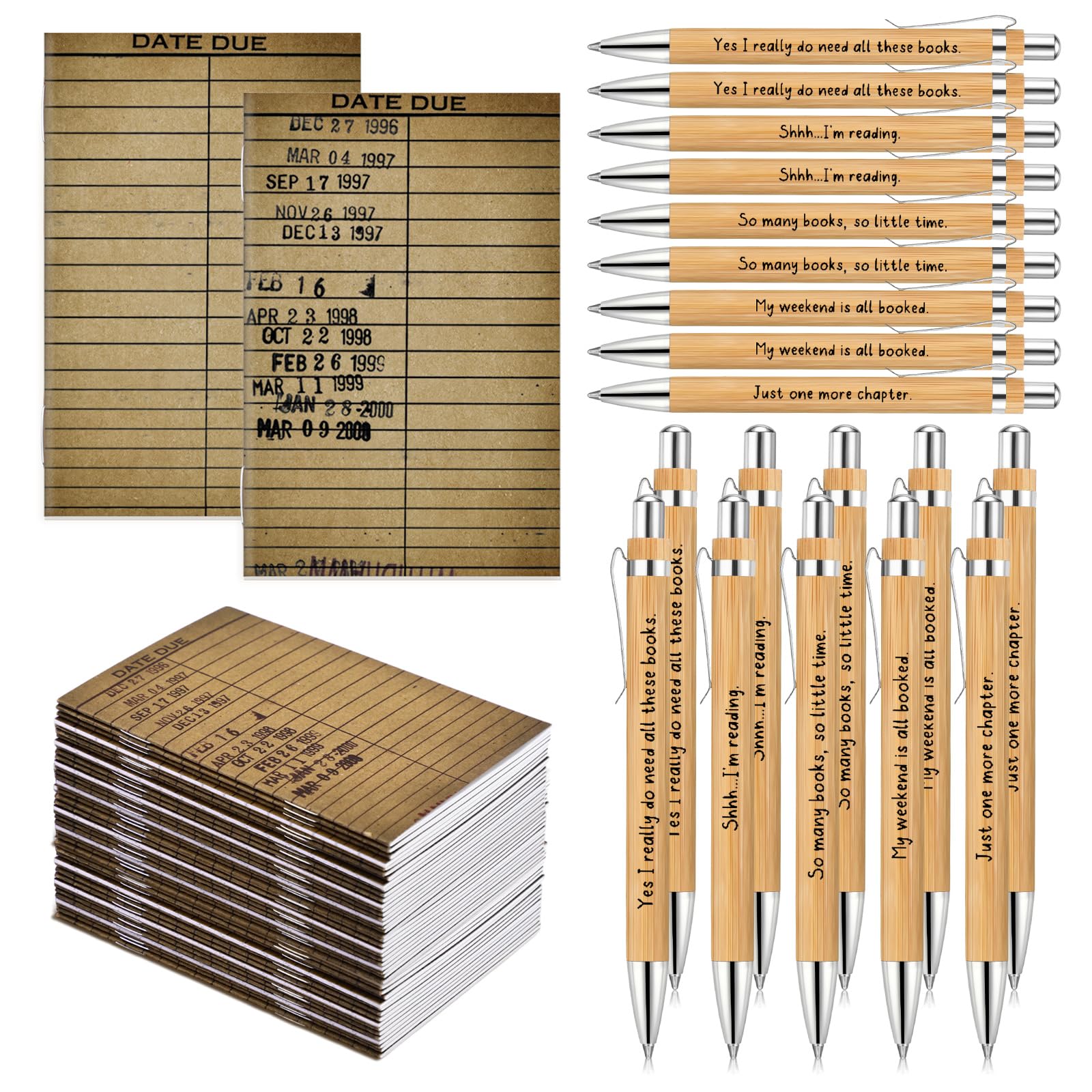Photo 1 of Sayglossy 25 Set Book Club Gifts Bulk Book Lovers Gift Librarian Gift Bulk Due Date Notepad Bamboo Pens for Writers Reading Accessories Club Party Favors Decoration