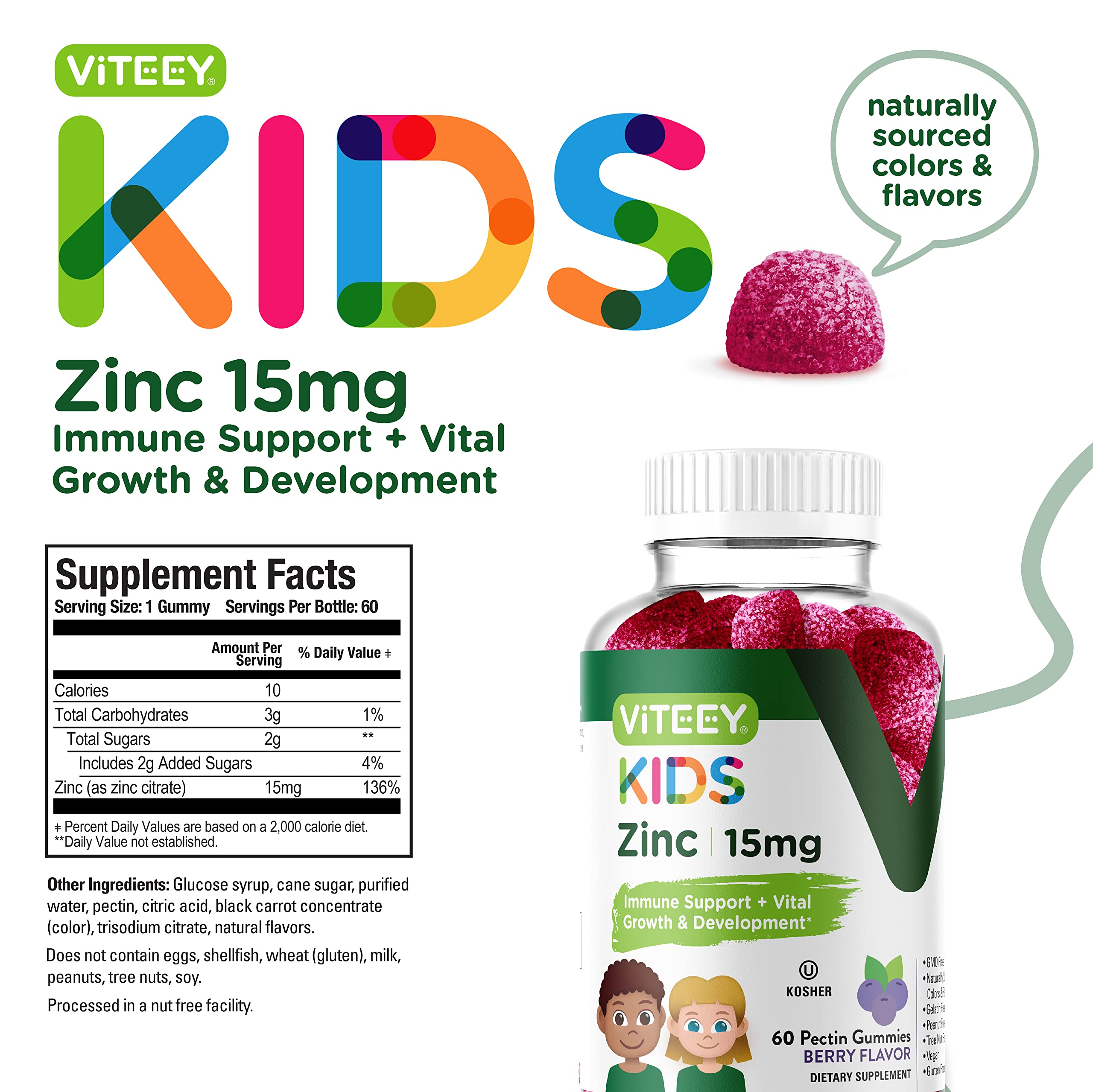 Viteey Zinc for Kids Gummies, 15mg - Immune Support - Powerful Natural Antioxidant, Kids Zinc Vitamin Supplement - Vegan, Gelatin Free, Gluten Free - Tasty Chewable Berry Flavor Gummy