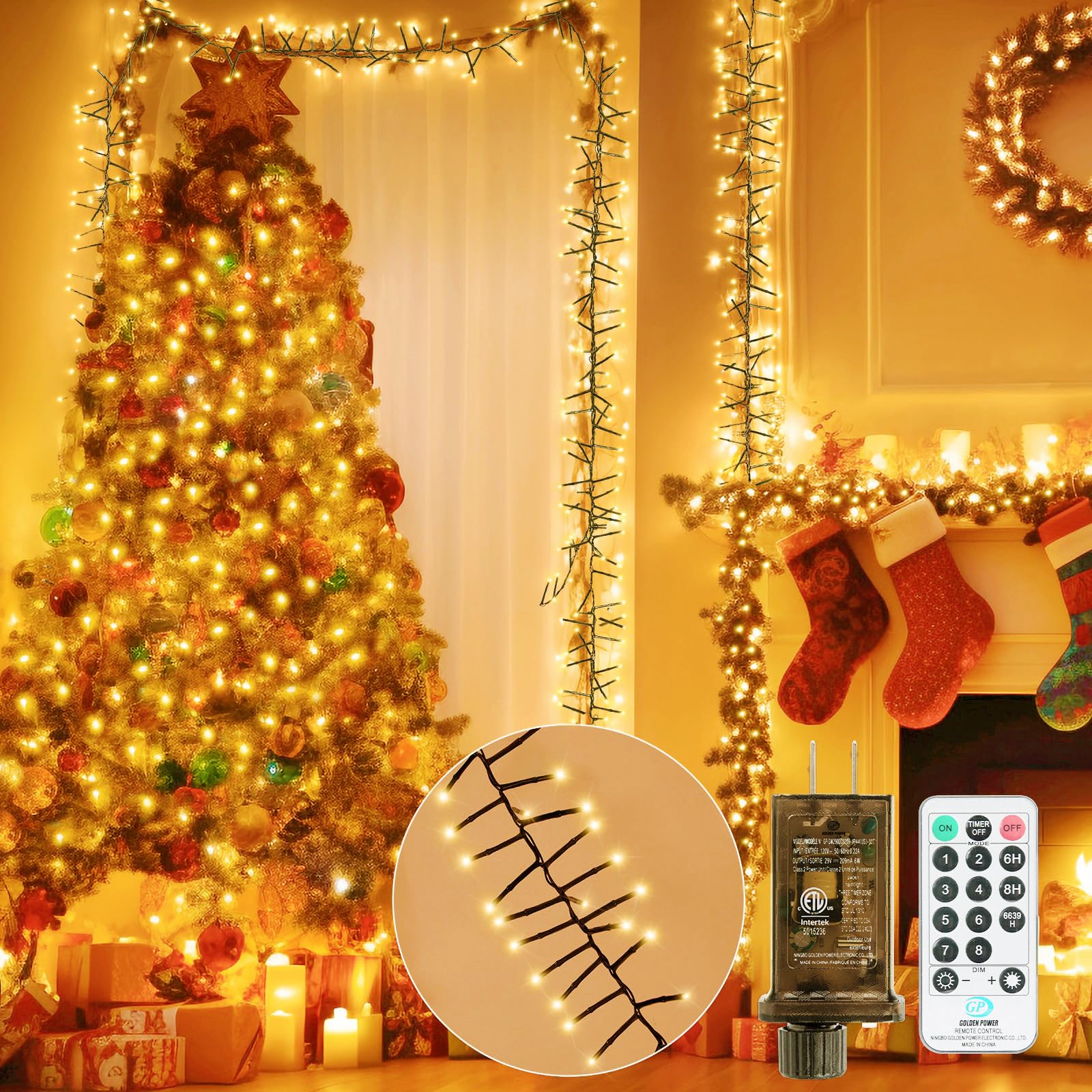 Ollny cluster lights for christmas tree 1000led 49ft warm white