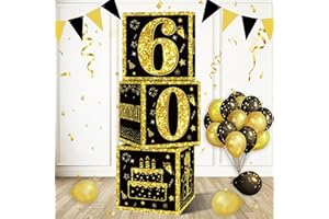 Eiurteao 3pcs 60th Birthday Decorations Boxes for Men Women, Black Gold Happy 60 Birthday Balloons Boxes Party Supplies, 60 Year Old Bday Theme Cardboard Box Decor