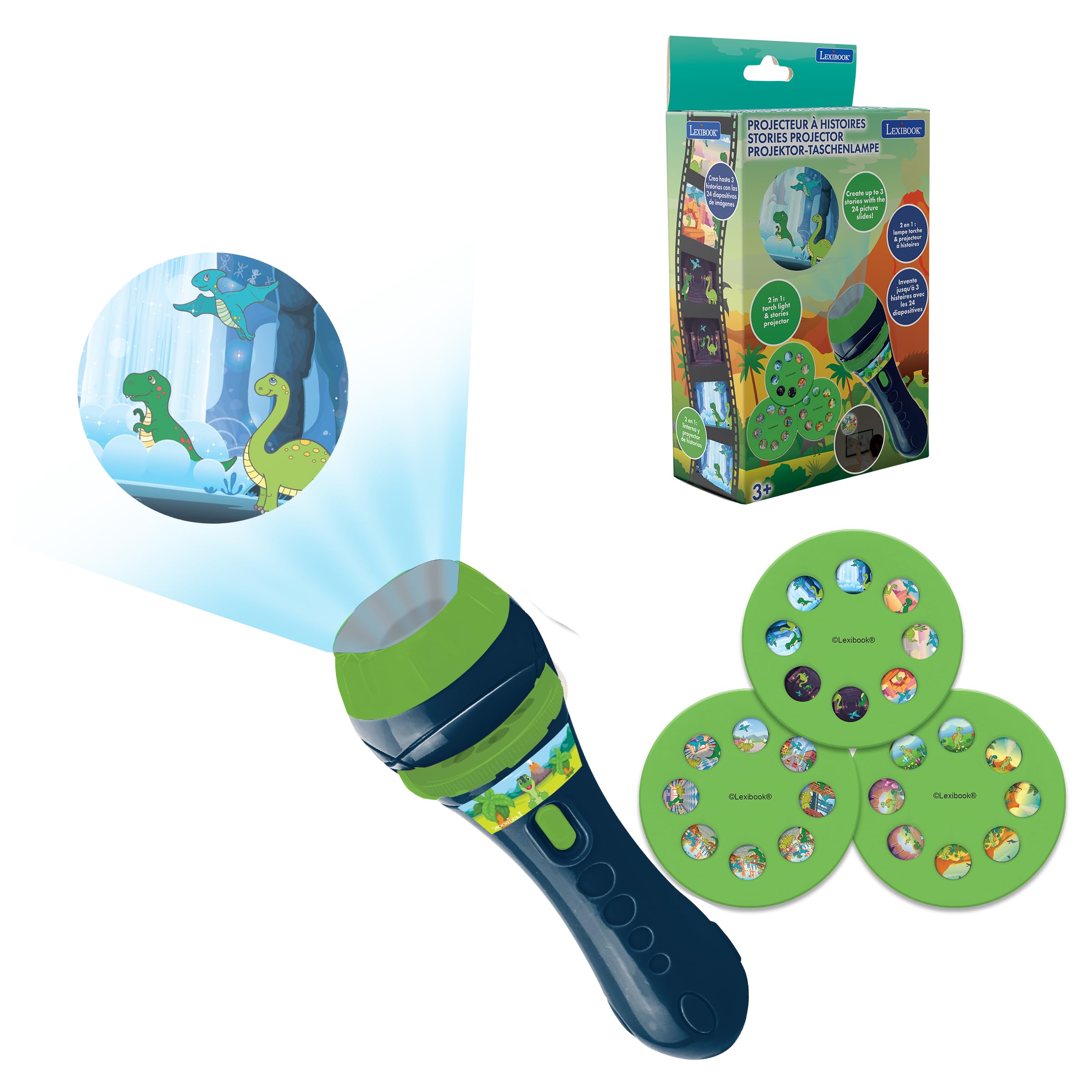 LEXIBOOK - Dinosaur - Stories projector, torch light and projector with 3 discs, 24 images, create your own stories, LTC050DINO
