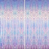 GOER 3.2 ft x 6.5 ft Metallic Tinsel Foil Fringe Curtains Party Photo Backdrop Party Streamers for Mermaid Birthday Party Decorations(2 Packs,Iridescent)