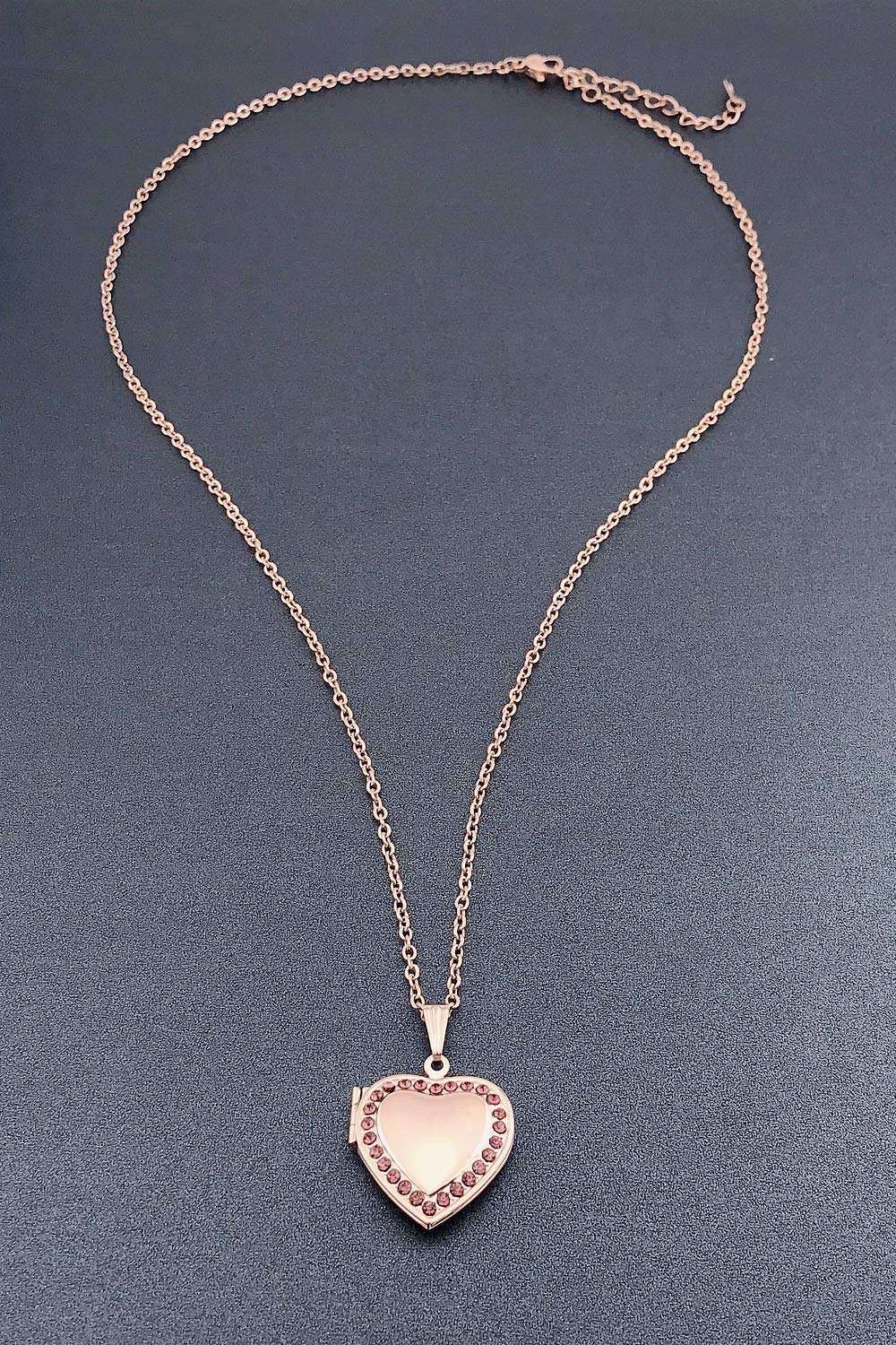 YOUFENG Love Heart Birthstones Locket Necklace Holds Pictures Paved Blue Red White CZ Rose Gold Living Memory Photo Lockets