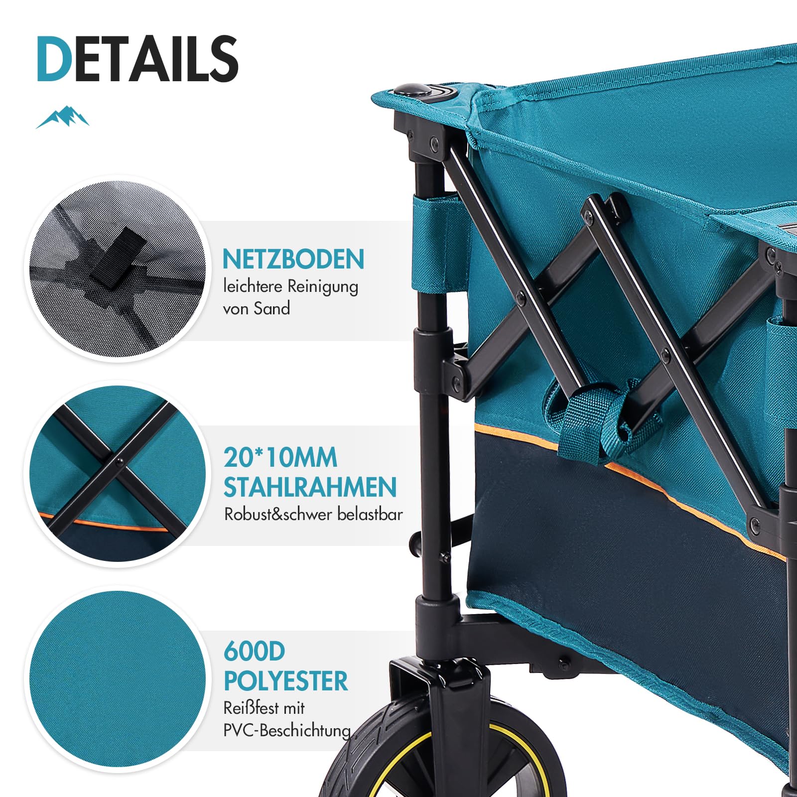Portal Bollerwagen faltbar XXL Große Ladefläche 120kg belastbar Handwagen mit Getränkehalter Seitentasche Transportwagen Leiterwagen klappbar Strandwagen Faltwagen für Garten Camping Festival 3