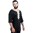 Moroccan Men Tunic Caftan Breathable Fiber Cotton Handmade Embroidery Ethnic Black