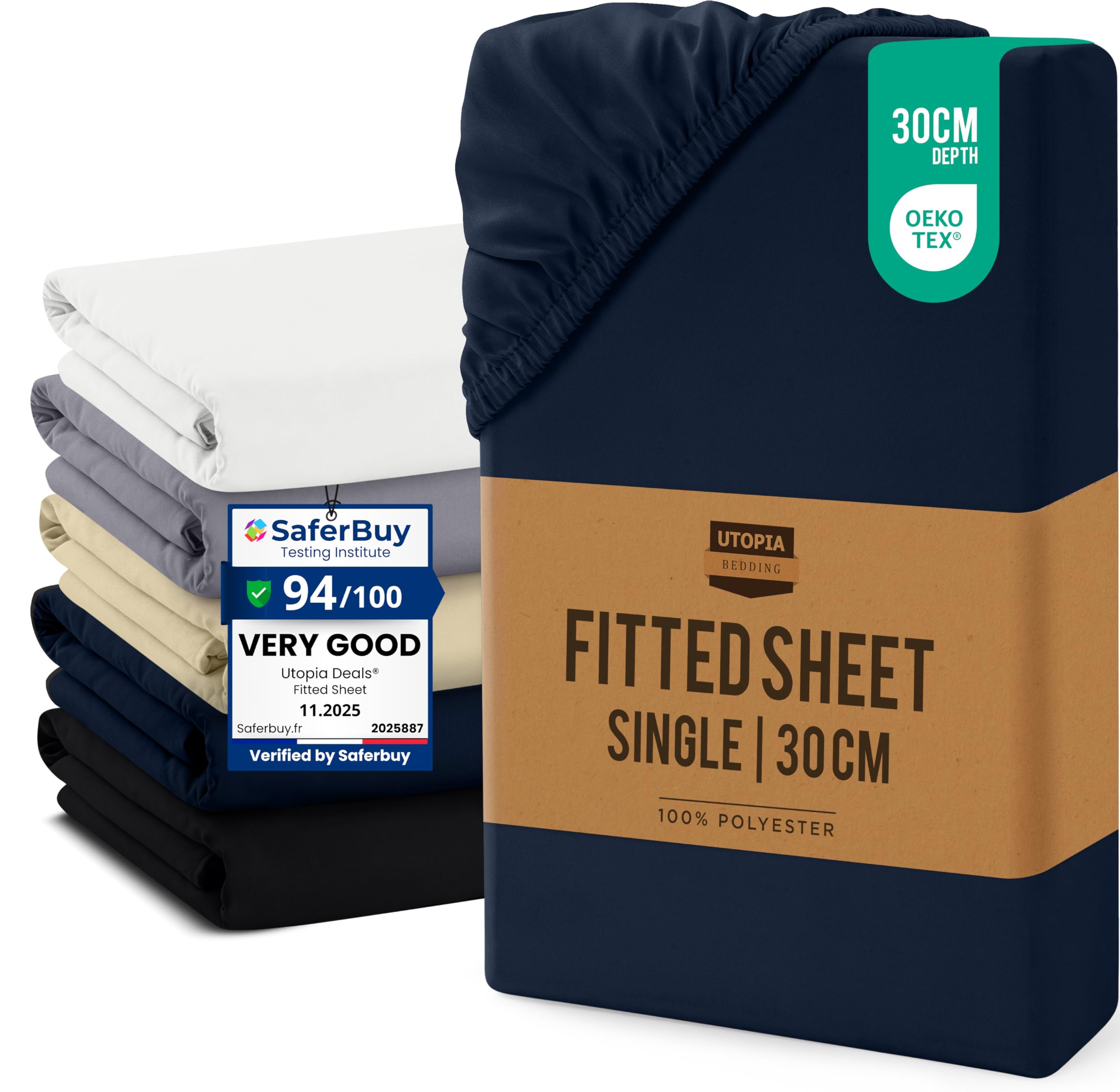 Utopia Bedding Fitted Sheet Single, Navy - Up to 12 Inch (30cm) Deep - Easy Care - Soft Brushed Microfibre Fabric - Shrinkage and Fade Resistant - Oeko-Tex Certified - Bottom Sheet