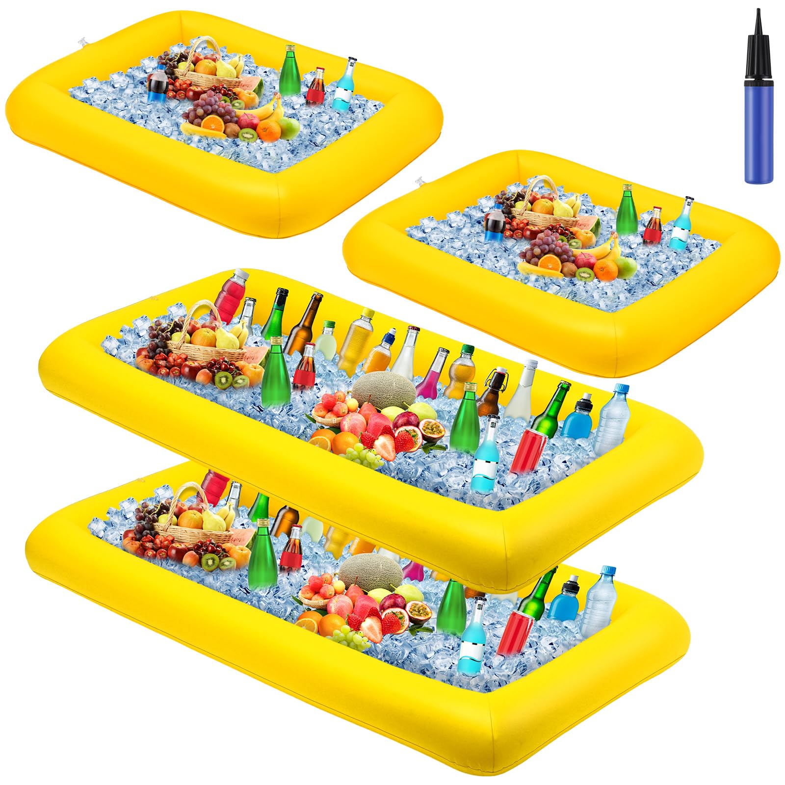 Photo 1 of Leitee 4 Pcs Inflatable Ice Serving Bars Buffet Serving Tray Drink Cooler for Pool Party Inflatable Ice Tray Floating Food Drink Containers with Drain Plug and a Hand Pump, 2 Sizes (Yellow)