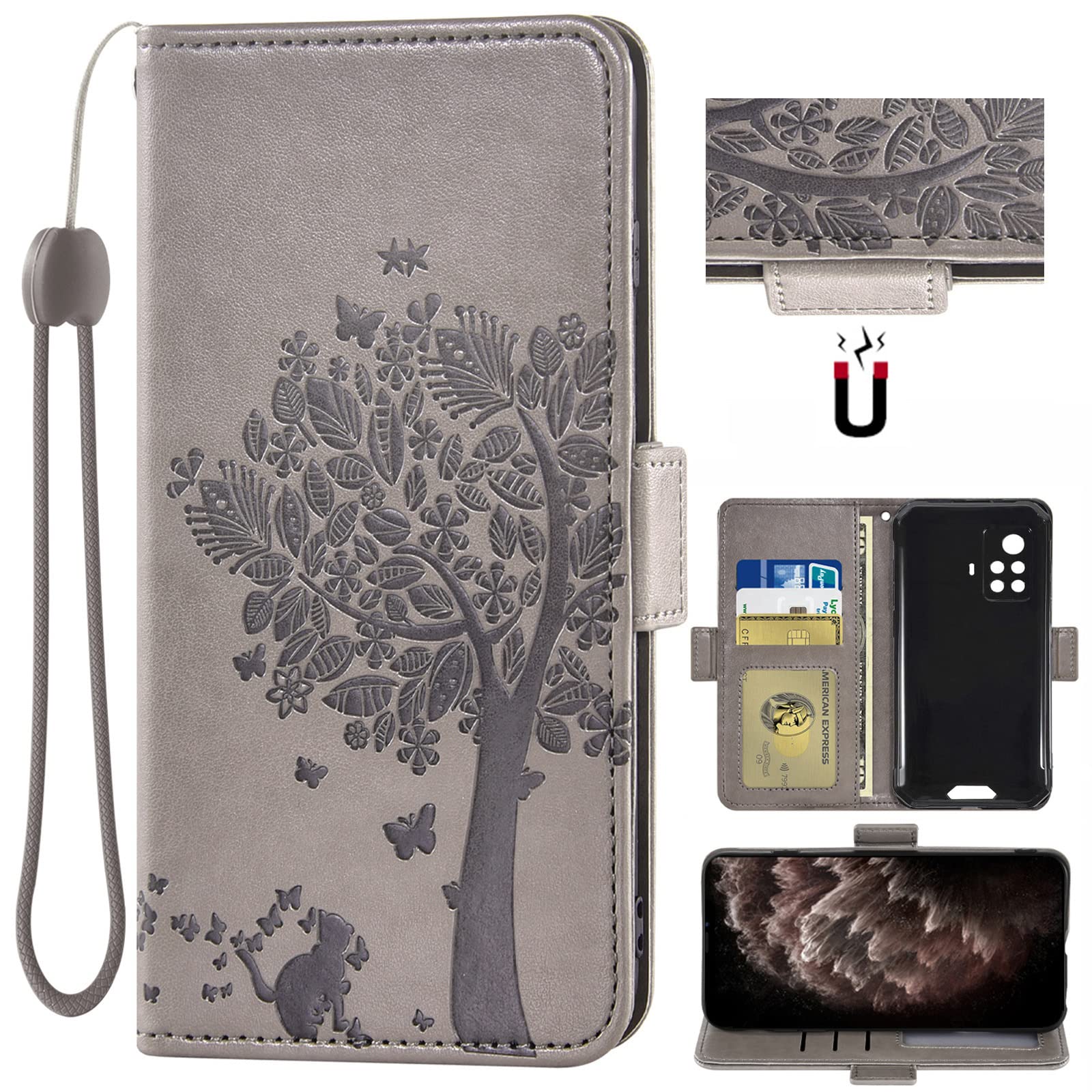 Auotu PU Leather Flip Wallet with Tree Pattern Mobile Phone Case Leather Cover Case for Blackview BV9200 Smartphone (Grey)