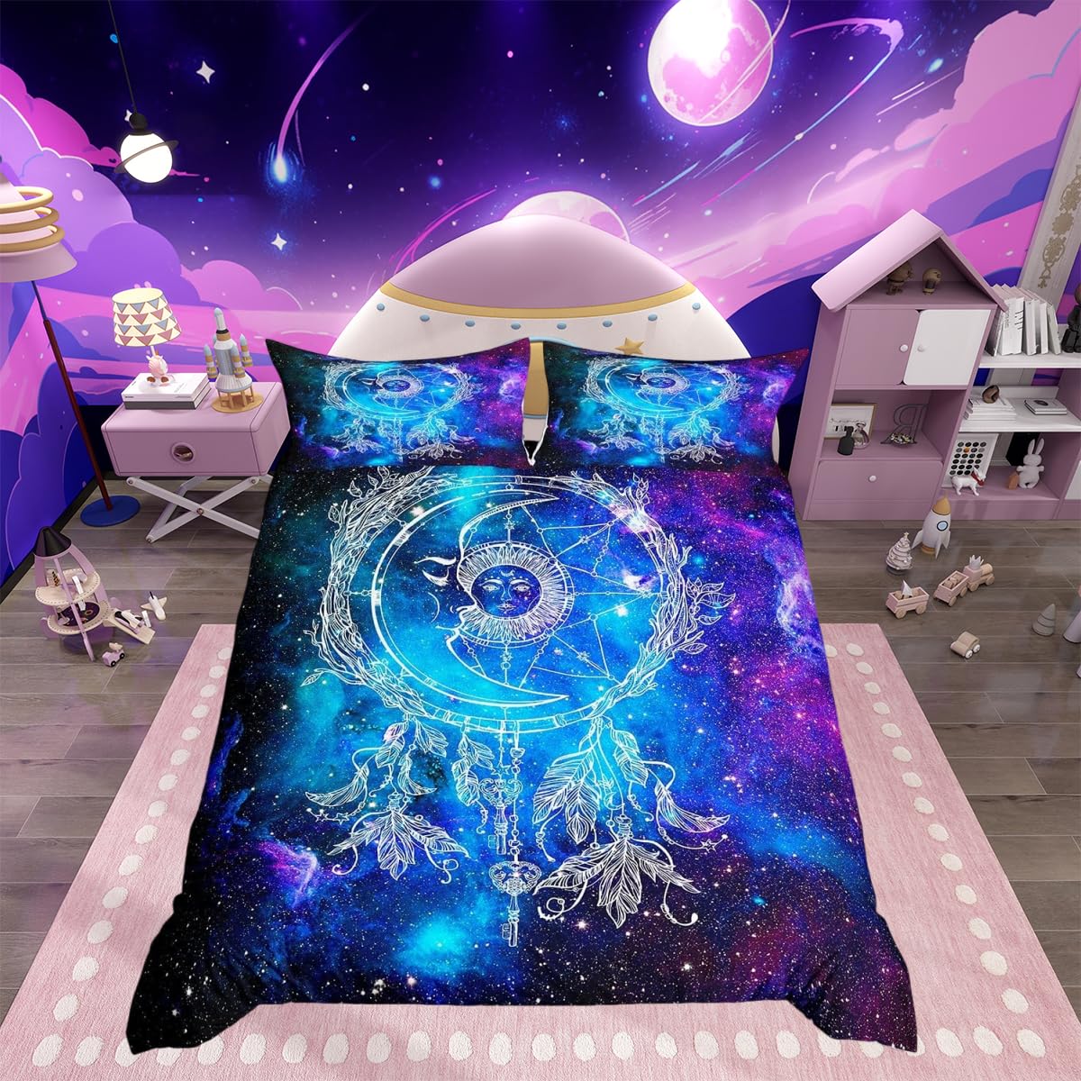 Galaxy Duvet Cover for Girls Teenagers Sun and Moon Bedroom Decoration Hippie Bohemian Bedding Lovely Bohemian Cosmic Starlight King Bedding Purple-Blue — image 1