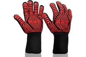 SIERRA OAK VENTURES Extreme Heat Resistance BBQ Gloves, Oven Mitts, Non-Slip, Food Grade, for Grilling, BBQ, Baking or Firepit. (Red)