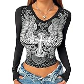 Grunge Shirts Emo Clothe Teen Girls Vintage Graphic Tee Y2k 2000s Goth Top Women Mcbling Long Sleeve Streetwear