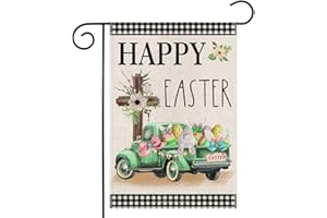 EKOREST Happy Easter Garden Flag 12x18 Inch Double Sided Buffalo Plaid with Truck Cross Rabbit Eggs,Small Yard Flag for Outside Farmhouse Holiday Spring Outdoor Decor