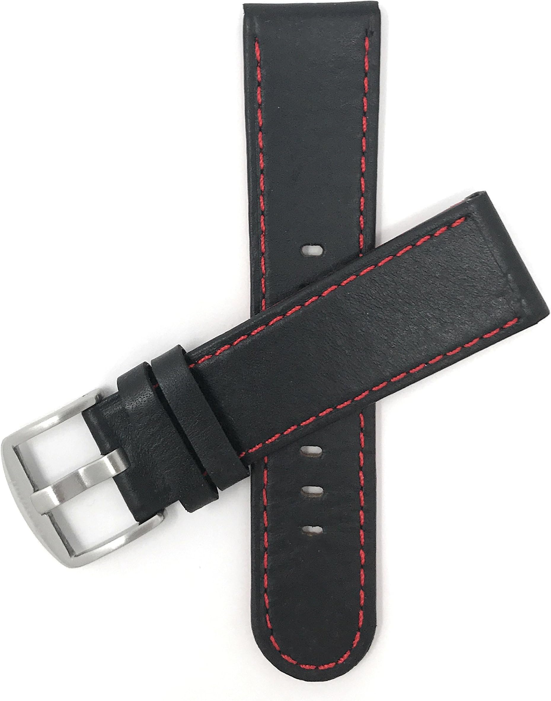 Bandini Mens Leather Watch Band Strap, Racer, Sport, Slim, Round Tip, Black with 6 Different Colored Stitch Options (20mm, 22mm, 24mm, 26mm)