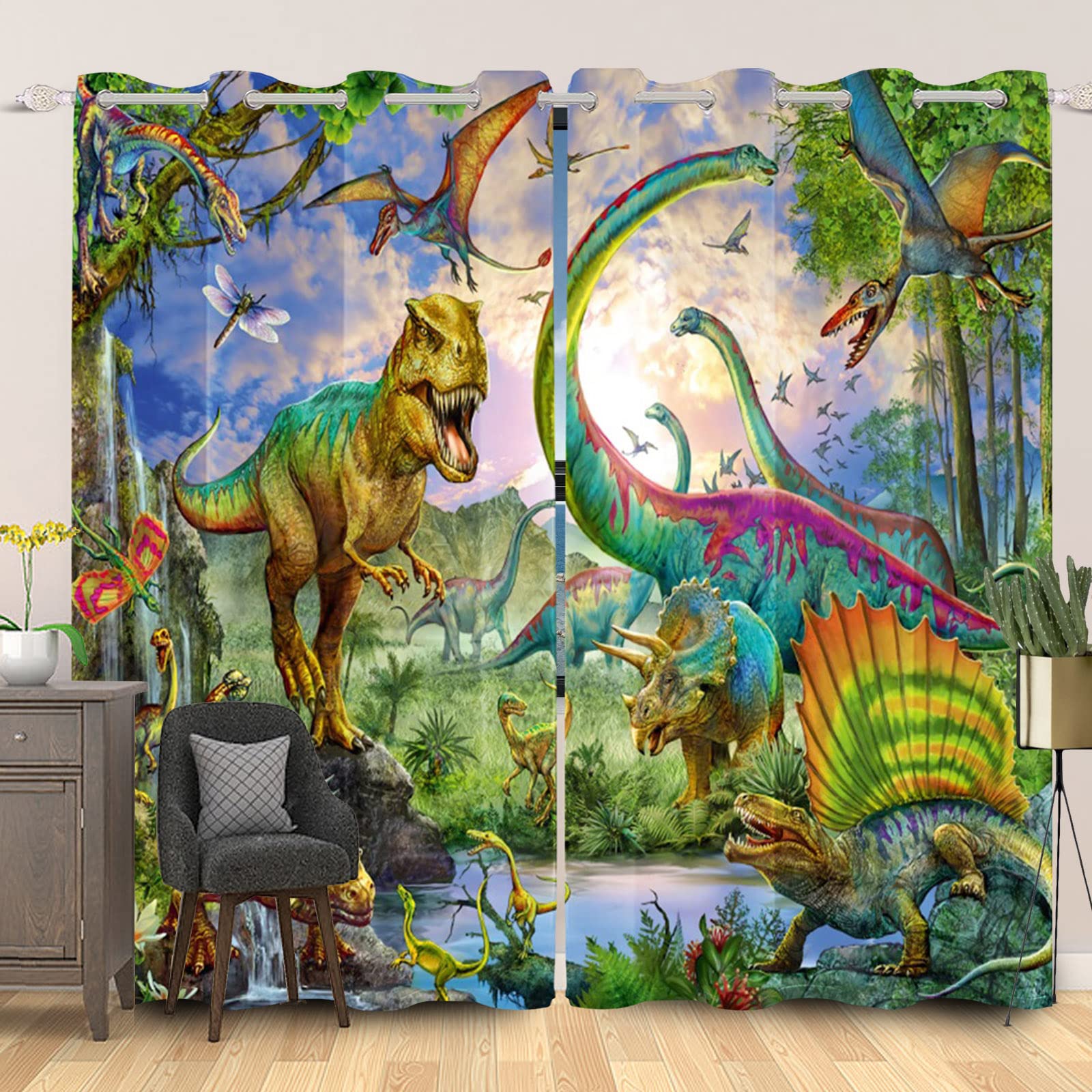 SDOTPMT 117x138cm Dinosaur Window Curtains Ancient Wild Animal Grass Forest Window Drapes Wildlife Natural Scenery Window Treatment for Child Living Room Bedroom Decor Blackout Curtains, 2 Panels