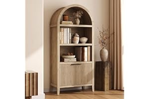 Yusong 71" Tall Arched Bookcase, 5-Tier Arched Bookshelf, Arch Cabinet Display Cabinet with Fluted Doors and Shelves, Modern 