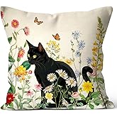 Palasarkaaa Fall Funny Black Cat Flowers Art Home Decorations Outdoor Sofa Throw Pillow Cover 18x18 Inch for Cat Mom Friends Women, Housewarming Gifts for New Home Living Room Bedroom Decor