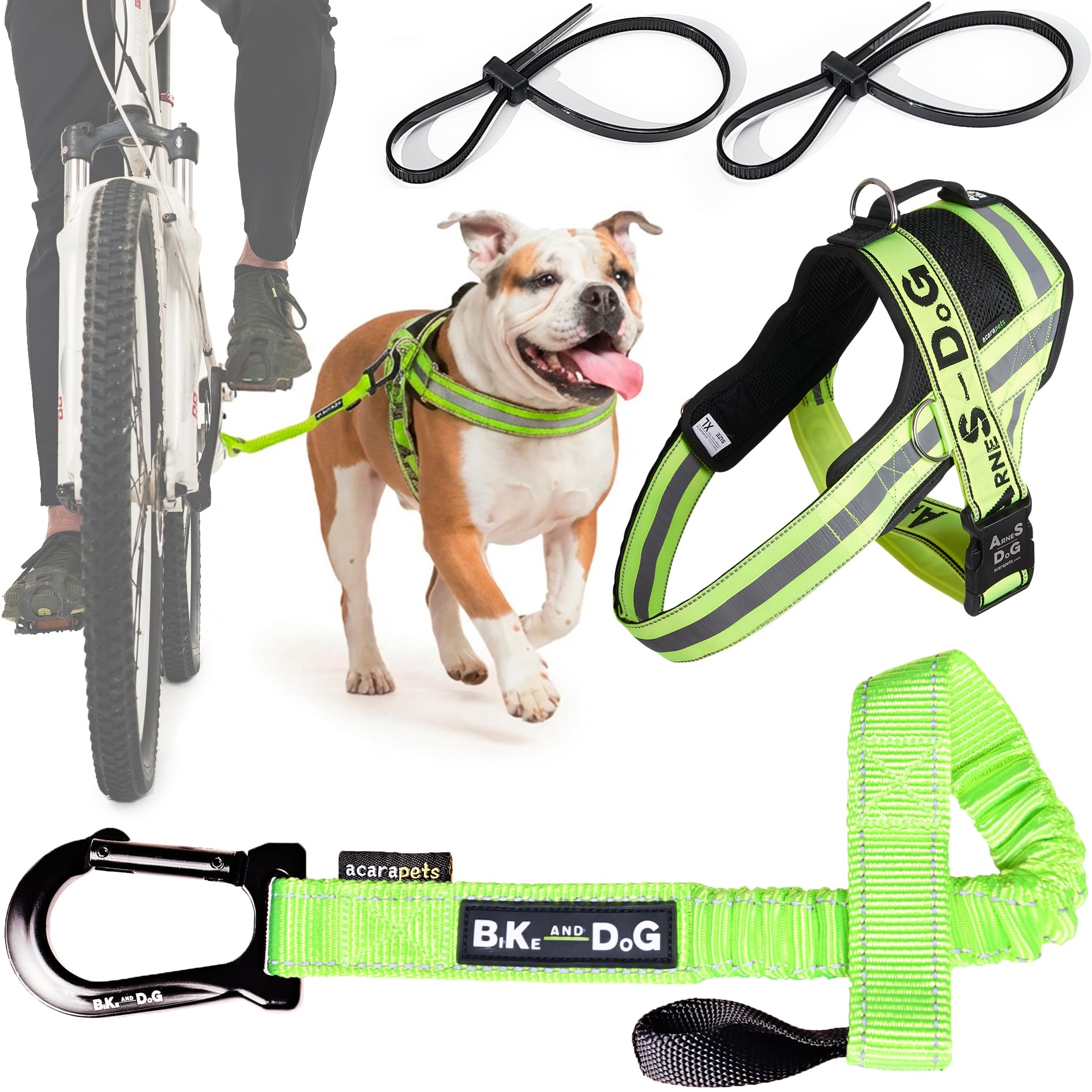 BIKE AND DOG - Dog leash and dog harness for bicycle, harness with side rings, includes 2 bicycle straps. Patented. (Yellow, Leash-harness XL)