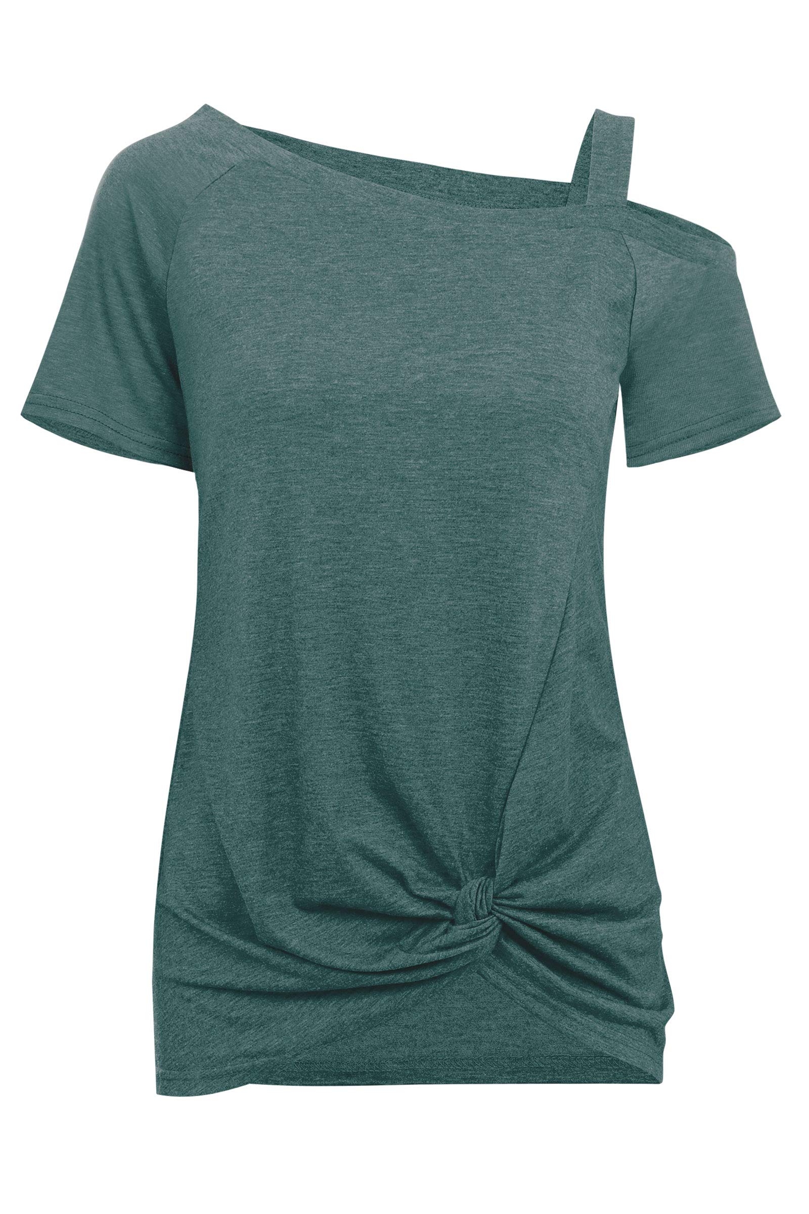 IMIDO Womens Cold Shoulder Tops Front Knot Side Twist Shirts One Shoulder Blouse Short Sleeve Tunic (M, B-Green)