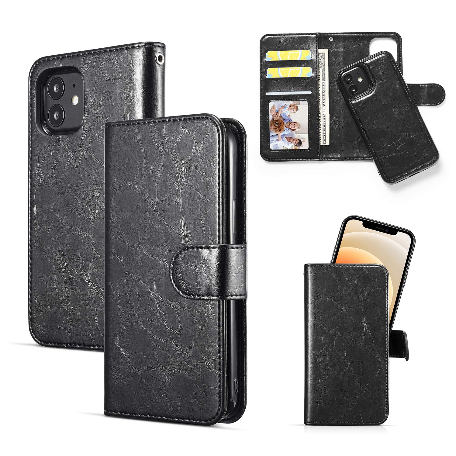 QLTYPRI Compatible with iPhone 12 and iPhone 12 Pro, Premium PU Leather and Silicone Bumper Wallet Case with Magnetic Closure and Card Holder - Black