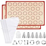 Silicone Baking Mat [2 Pack] with 6 Piping Tips,6 Cookie Molds,10 Piping Bags and 1 Coupler, Non-Stick Heat Resistant Cooking
