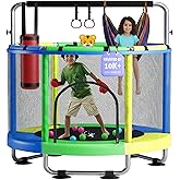 55" Toddler Trampoline for Kids Ages 3–8 – Indoor & Outdoor Kids Trampoline with Safety Net, Anti-Tilt Frame, Adjustable Gym Bar, Basketball Hoop, Ocean Balls, Boxing Bag, Hammock & Boxing Gloves