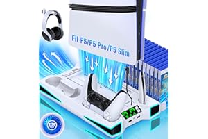 LIFUFUTEE PS5 Stand, PS5/Slim/Pro Cooling Station with 2.36in Cooling Fan, Controller Charger Station for PS5 Accessories, Light, Headset Holder, 3 Charger Ports for PlayStation 5 Slim/Pro Console