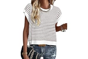 PRETTYGARDEN Womens Short Sleeve Sweater Spring Summer 2025 Round Neck Striped Pullover Cap Sleeve Knit Sweater Vest Tops