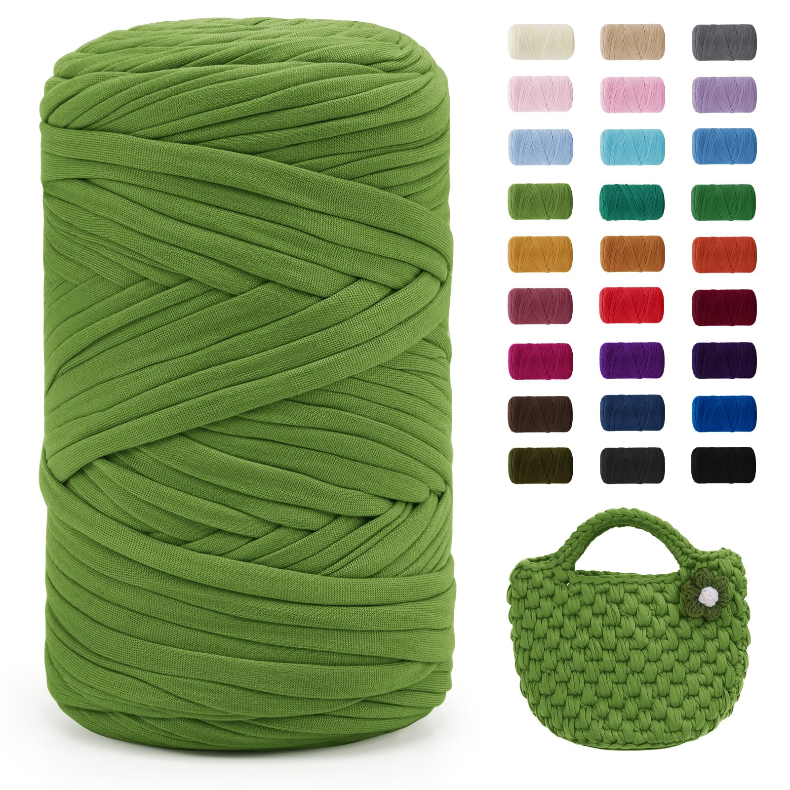 Uiopa Green T-Shirt Yarn, 400g/120m Elastic Fabric Crochet Cloth T Shirt Yarn, Chunky Hand Knitting Polyester Ribbon for Crocheting Bags/Baskets/Rugs, Home Decor, DIY Crafts